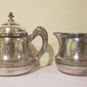 Early Silver Plate Hand Etched Covered Sugar and Creamer New Amsterdam Silver Co.