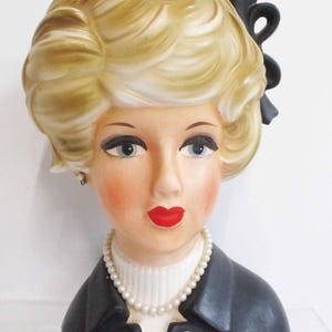 Vintage Lady Head Vase Planter Napcoware 7&quot; Tall with Jewelry, Black Dress, and Blonde Hair Tuft with Bow 1960s