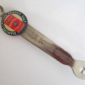 Advertising Premium Diamond Crystal Salt Milk Bottle Opener with Celluloid Buttons 1920s