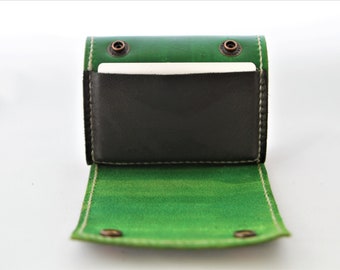 Green Wrist Wallet Leather Wrist Wallet Women, Leather Cuff Wallet Unique Gift, Travel Wallet Leather Handmade, Green with White thread