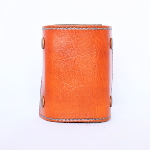 Wrist Wallet Leather Wrist Wallet, Leather Cuff Wallet, Leather Cuff Bracelet, Wrist Wallet for Women, Men&#39;s Wallet, Tan with Blue Thread