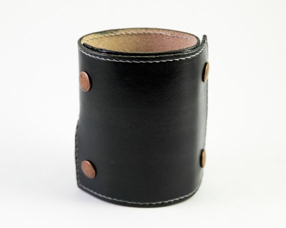 Wrist Wallet Leather Wrist Wallet, Leather Cuff Wallet, Leather Cuff Bracelet, Wrist Wallet for Women, Men's Wallet, Black with White Thread