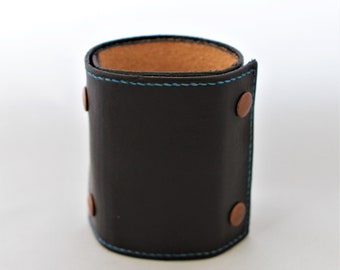 Wrist Wallet Leather Wrist Wallet, Leather Cuff Wallet, Leather Cuff Bracelet, Wrist Wallet for Women, Men's Wallet, Black with Blue Thread