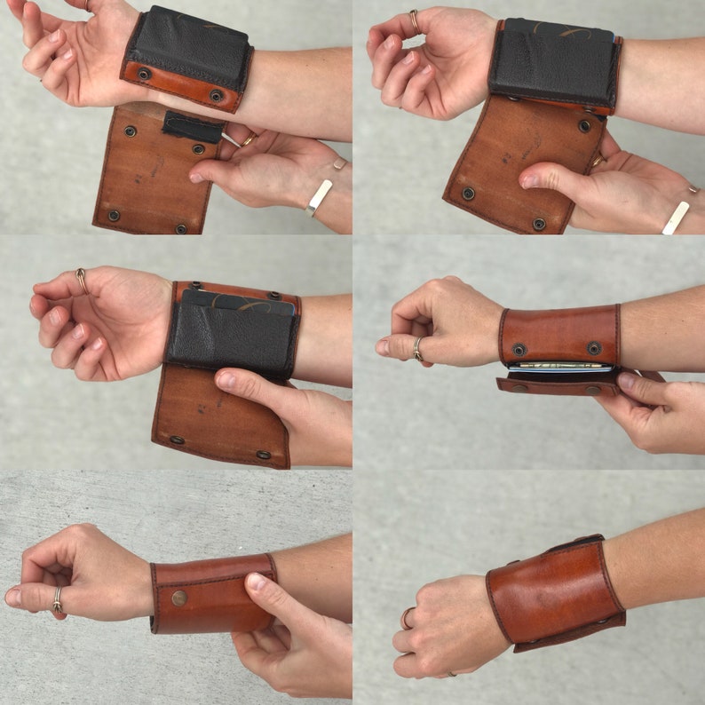 May include: A brown leather wristlet with a black leather flap that opens to reveal a small pocket. The wristlet is shown on a person's wrist in five different positions.