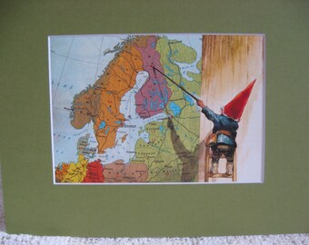 Rien Poortvliet,Woodland Gnome, Gnome with Map, Vintage Book Page,8 x 10, Green Mat, Matted Book Page