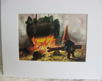 Rien Poortvliet,Woodland Gnome, Building a Fire, Campfire,Vintage Book Page,8 x 10, White Mat, Matted Book Page