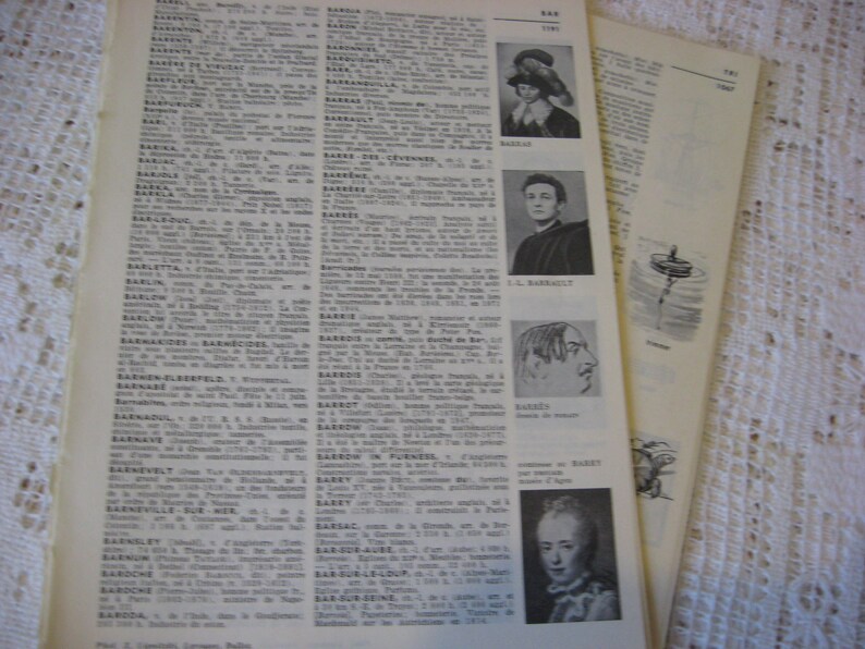 May include: A black and white book with a dictionary-style layout. The book features black and white portraits of people and text in French. The text includes the words "BARBA" and "BARBIER".