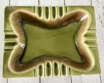 Vintage MCM Ashtray LARGE ~ California Pottery USA 3616 Green Orange Drip Glaze
