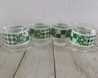 Vintage Libbey Green Quilted Check Floral Glasses Set of 4 Barware Drinkware