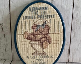 Vintage Bathroom Humor Handmade Cross Stitch Teddy Bear Oval Framed Wall Art