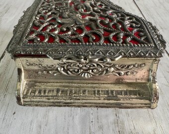 Vintage Silver Filigree Piano Music Box Cherub Angel Red Velvet Japan Footed