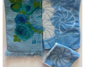 Vintage Cannon Monticello Fringe Towel Set Blue Floral Bath Hand Wash Cloth USA