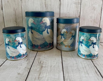 Vintage Goose Winter Scene Metal Canister and Salt Pepper Shaker Set 4pc Blue