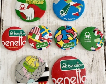 Rare 1980s BENETTON By Bulova Pinback Buttons ~ Lot of 8 ~ Streetwear Lapel Pin