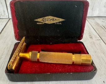 Vintage 1930s Gillette Gold Tone Open Comb Safety Razor with Original Case USA