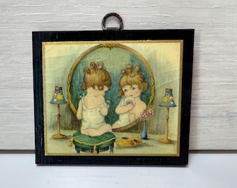 1930s Antique British Empire Mini Art Print Vanity Girl Wood Plaque
