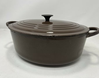 Vintage Le Creuset Oval Cast Iron Brown Pot Marked ''E'' with Matching Lid