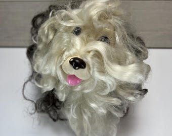 Juguete vintage de Hasbro Sweetie Pups, perro pastor gris y blanco, de pelo rizado, de 1989