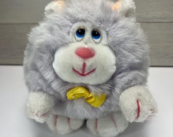 VTG 1980s America Wego Purr-T Puffball Cat Light Purple Yellow Bow Plush Stuffed Animal 7''