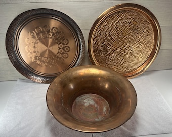 Vintage Copper Plates & Bowl Set - Plate Hammered and Etched with Decorative Patina
