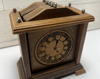 Vintage Wood and Cork Clock Coasters set - 6 Cork Coasters + 1 Wooden holder 