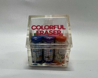 Vintage Sanrio 1976 Hello Kitty Mini Erasers in House Plastic Case Small 1.5''