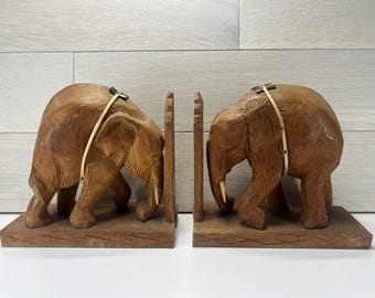 Vintage Hand Carved Wooden Elephant Bookends - Boho Decor