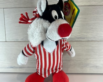 Peluche vintage de Silvester el Gato de Looney Tunes de McDonald's de 1992, pijama rojo y blanco.