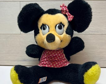 Vintage Walt Disney Minnie Mouse Plush Doll Pink White Polka Dress Stuffed Toy Made in Korea