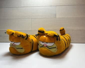 Pantuflas vintage de Garfield el Gato, 1981, rayas naranjas y negras, talla L 9-10