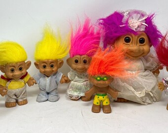 Vintage Russ Forest Troll Doll Lot of 7 with Clothing Dress Veil Ali Baba Sword