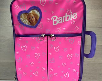Vintage 1995 Mattel Barbie Pink Purple Small Kids Rolling Travel Luggage 17'' x 11.5'' x 4''