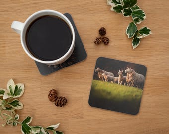 May include: Two square coasters with a sheep scene and a cup of coffee on a wooden surface. One coaster features a group of sheep on a green hill. The other coaster is under a white coffee mug. Decorative pinecones and greenery are also present.
