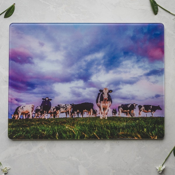 Beneath Sunset Skies - Glass chopping Board and Worktop Saver, Dairy Cows