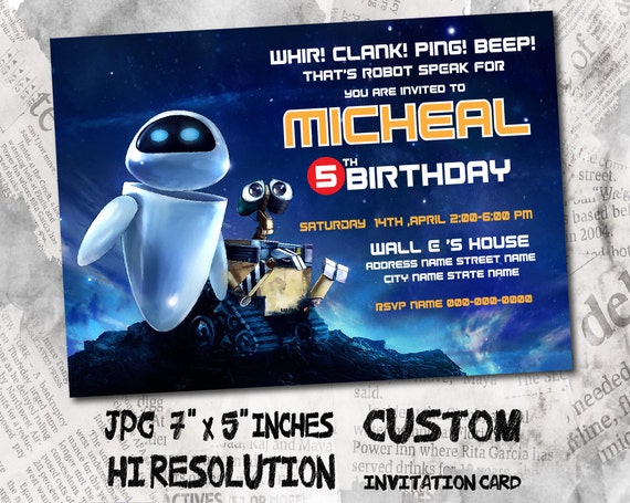 wall e birthday invitation card size 5x7 inches etsy