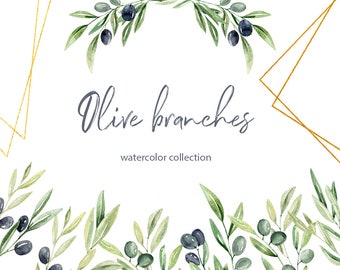 Olive greenery clipart with gold frames - olive clipart png, greenery wreath, Leaves clipart, watercolor leaves. Summer clipart