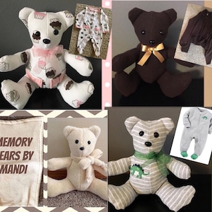 May include: A collage of five images featuring handmade memory bears. The bears are made from different fabrics and have various designs. The text "Memory Bears by Mandi" is visible in one of the images.