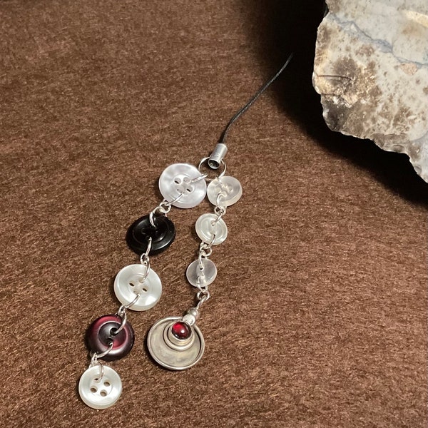 Phone/purse charm, zipper pull or scissor fob - white and dark red buttons with decorative silver charm