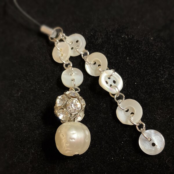 Phone/purse charm, zipper pull or scissor fob - vintage mother of pearl buttons with faux pearl and rhinestone bead charm