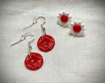 2 pair Button Earrings - Repurposed red button wire hook earrings and white & red daisy button post earrings