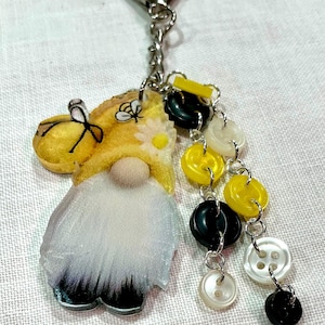 Adorable Gnome Keychain | Yellow & Black Button Key Ring | Iridescent White Accent | Unique Gift for Her