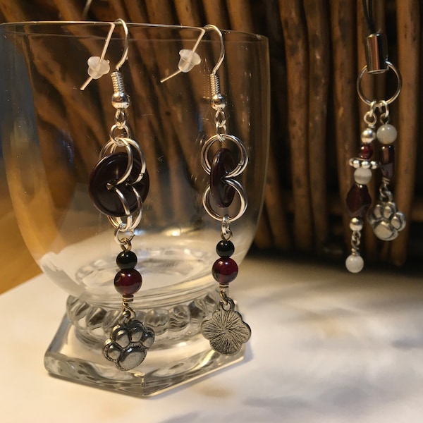 Phone/purse charm or scissor fob and pair of earrings with garnet beads and puppy / dog paw charm