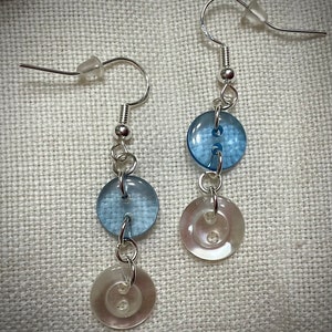 Button earrings - repurposed blue and white transluscent buttons