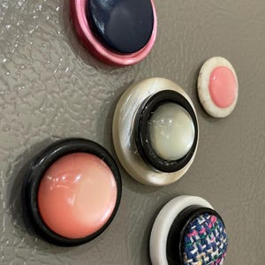 Vintage Style Pearlized and Fabric Button Magnets - set of 5 Pink, Blue, and White Refrigerator Decor