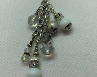 Charm for purse, zipper pull or planner, crystal and white bead dangles with small lobster claw clasp. great gift/stocking stuffer