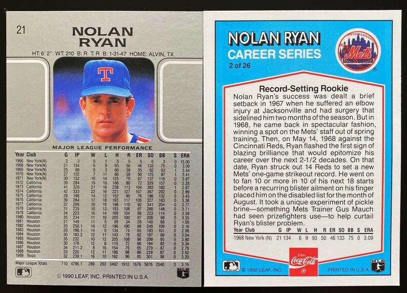 1990 And 1992 Nolan Ryan Baseball Cards Leaf / Donruss | Etsy