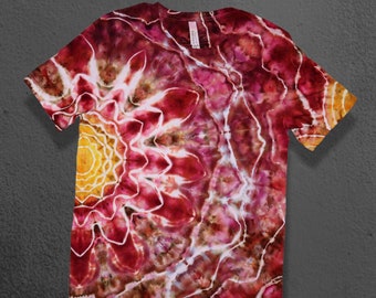 Medium Tie Dye Shirt, Red and Yellow Psychedelic Side Mandala, One of a Kind, Ice Dyed Shirt
