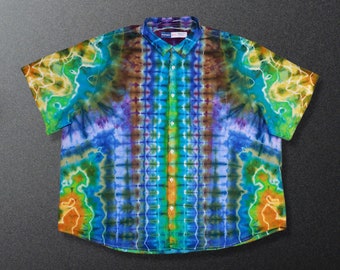 4XL Tie Dye Shirt, Linen-Blend Short Sleeve Button Down Shirt, One of a Kind, Ice Dyed Shirt