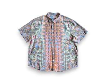 2XL Linen-Blend Tie Dye Button Down Shirt, Handmade Mandala Design