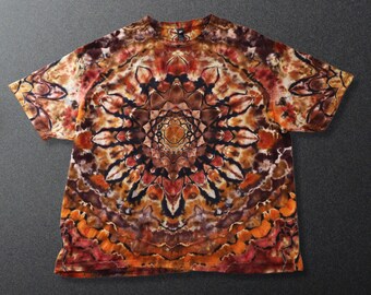 4XL Reverse Tie Dye Shirt, Earth Tone Mandala Front with Psychedelic Diamond Spine, One of a Kind Ice Dyed Shirt